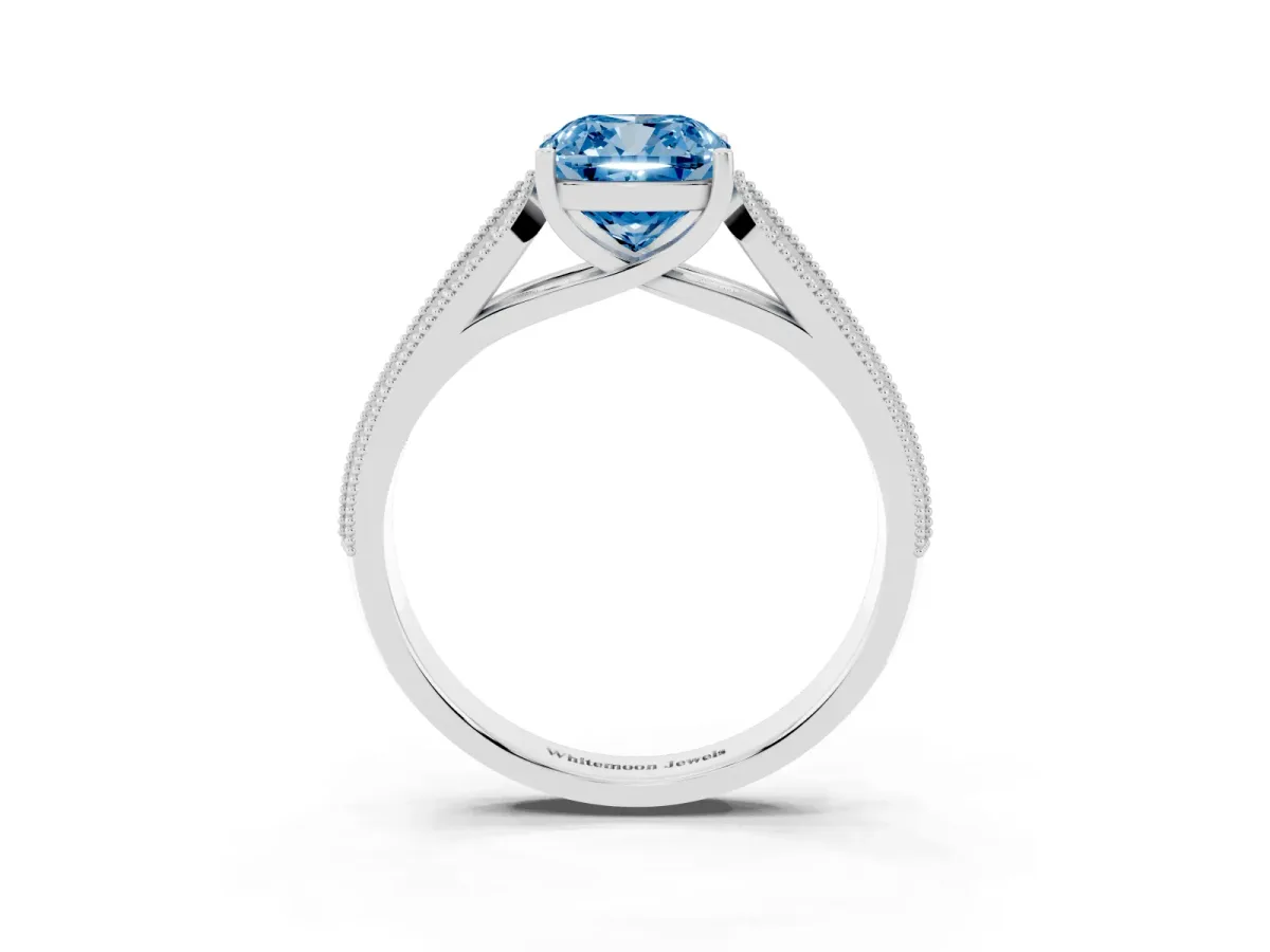 Fancy Blue Cushion Cut Cut Pave Split Shank Engagement Ring with Four-Prong Setting White gold