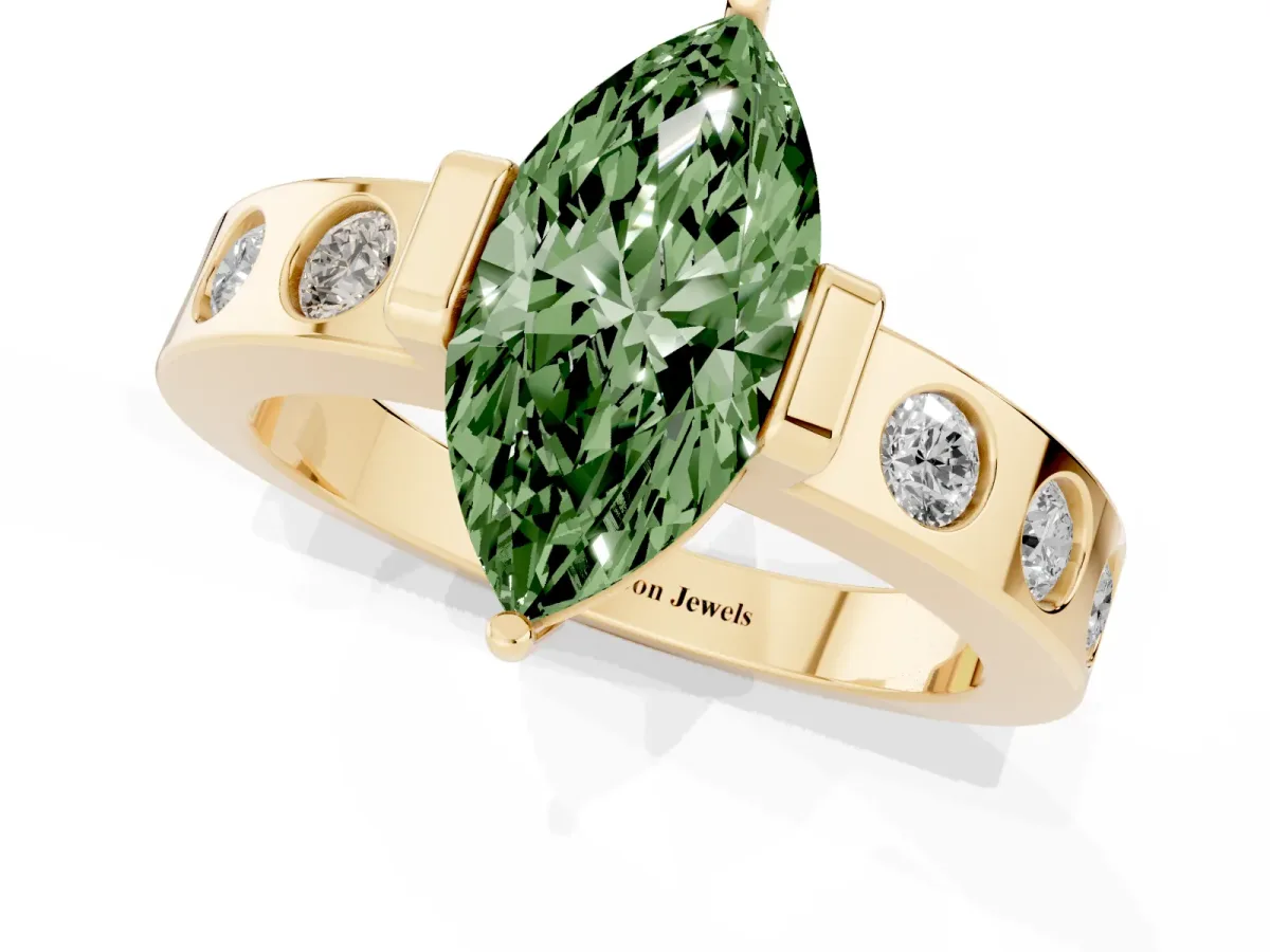 Fancy Green Marquise Cut Brilliant Channel-Set Diamond Ring with Bezel Prong Setting Yellow gold