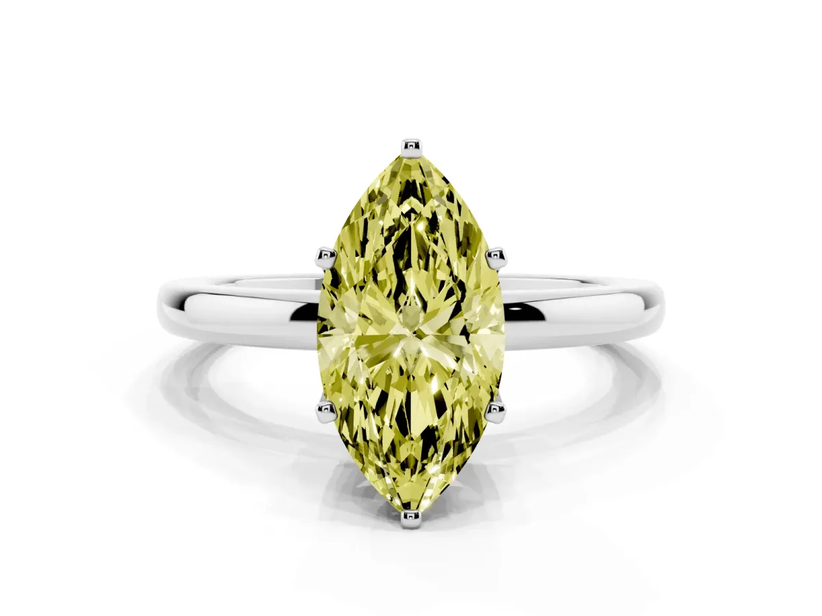 Fancy Yellow Marquise Cut Solitaire Diamond Ring with Six-Prong Setting on a Classic Band Silver