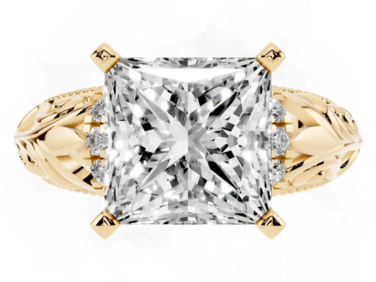 Princess Cut Solitaire Filigree Engagement Ring with Halo and Prong Setting Yellow gold