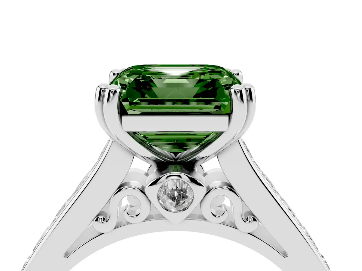Fancy Green Asscher Cut Cut Channel Set Solitaire Engagement Ring with Prong Setting Silver