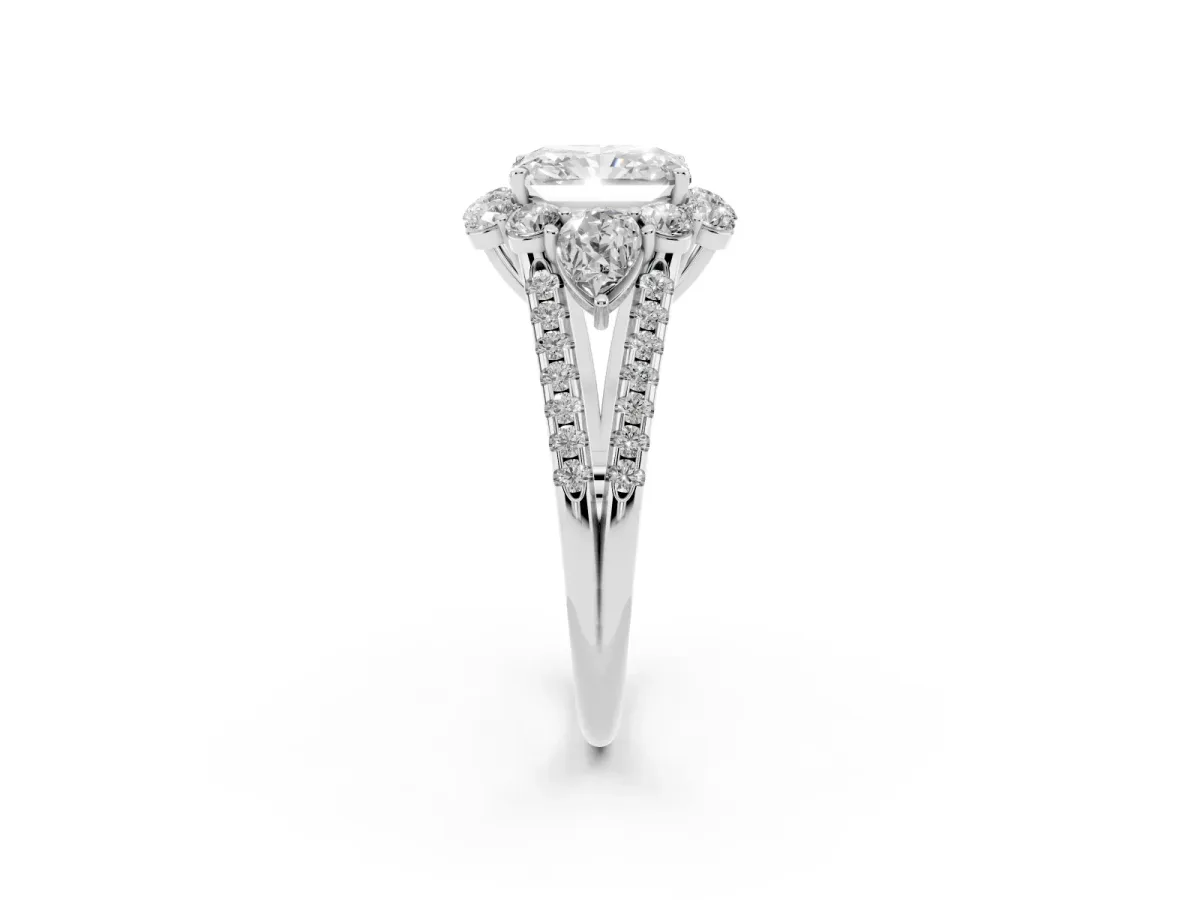 Radiant Cut Halo Split Shank Diamond Engagement Ring with Prong Setting Silver