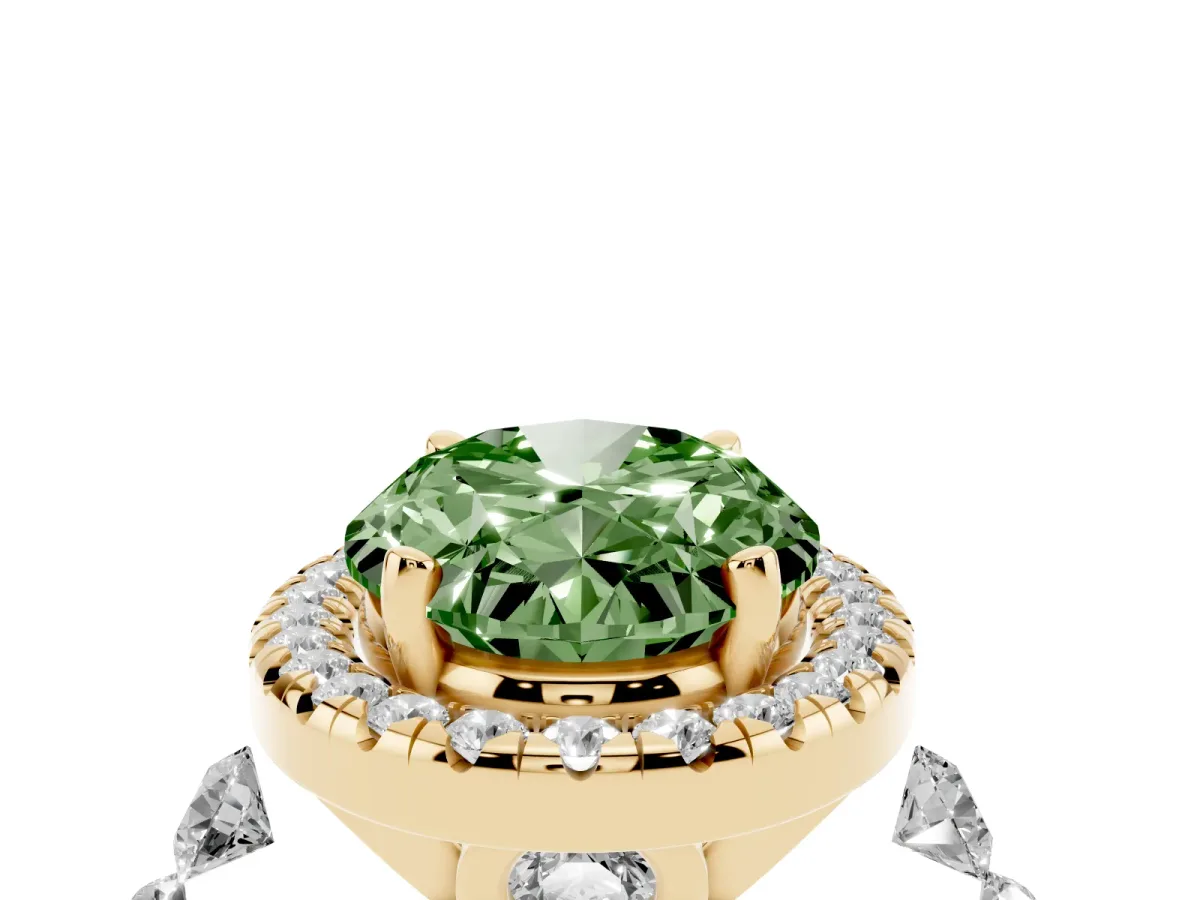 Fancy Green Oval Cut Halo Pavé Diamond Engagement Ring with Four-Prong Setting Yellow gold