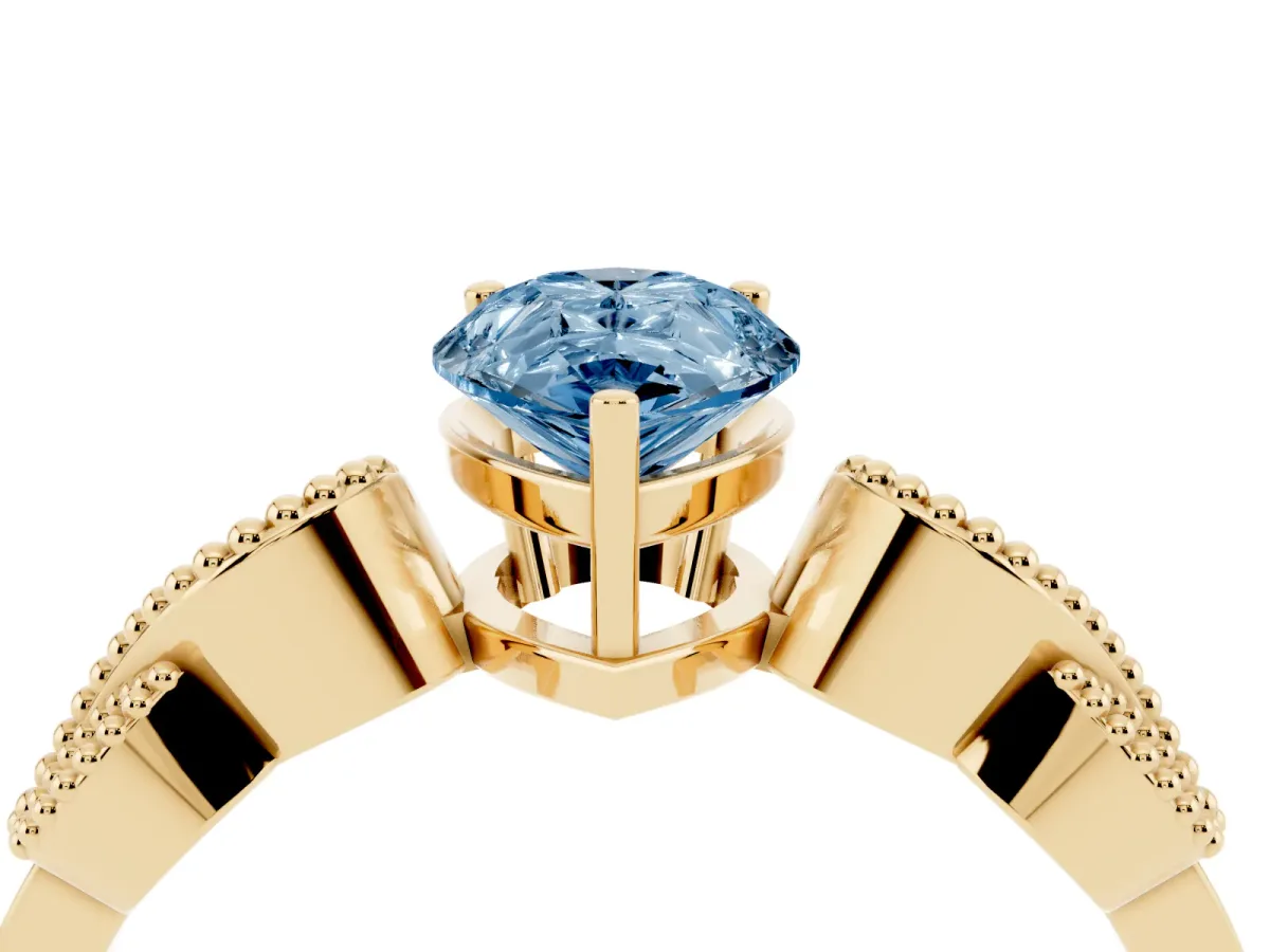 Fancy Blue Pear Cut Solitaire Milgrain Leaf Band with Prong Setting Yellow gold