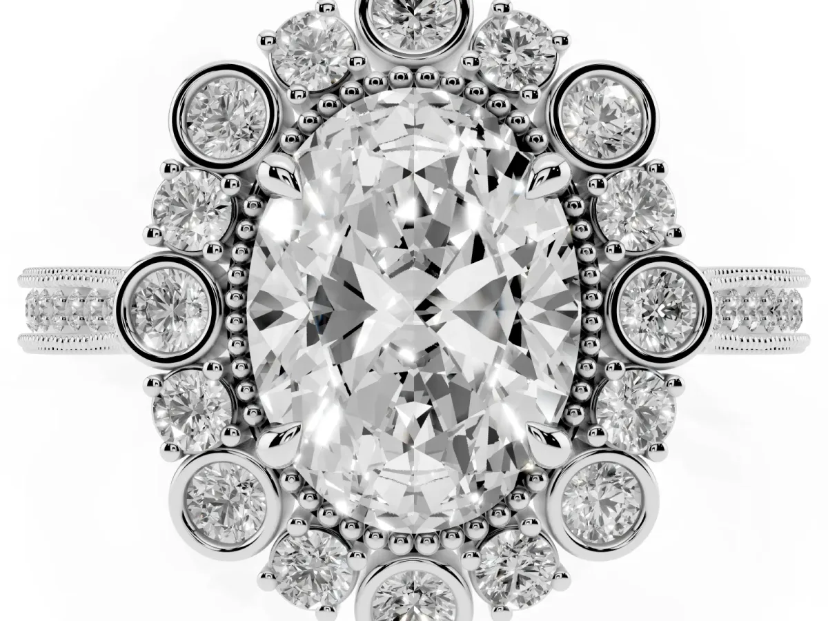 Oval Cut Halo Milgrain Pave Diamond Ring with Four-Prong Setting Silver