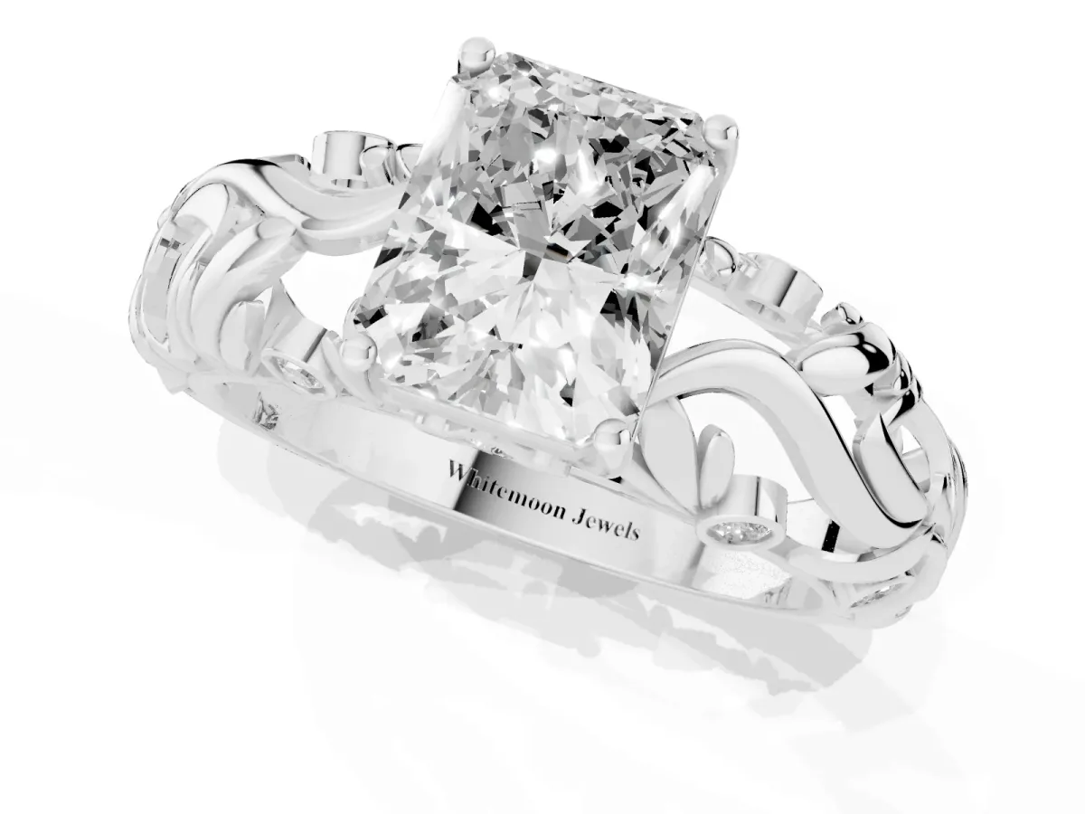 Radiant Cut Solitaire Diamond Leaf-Inspired Vine Band Ring with Prong Setting Silver