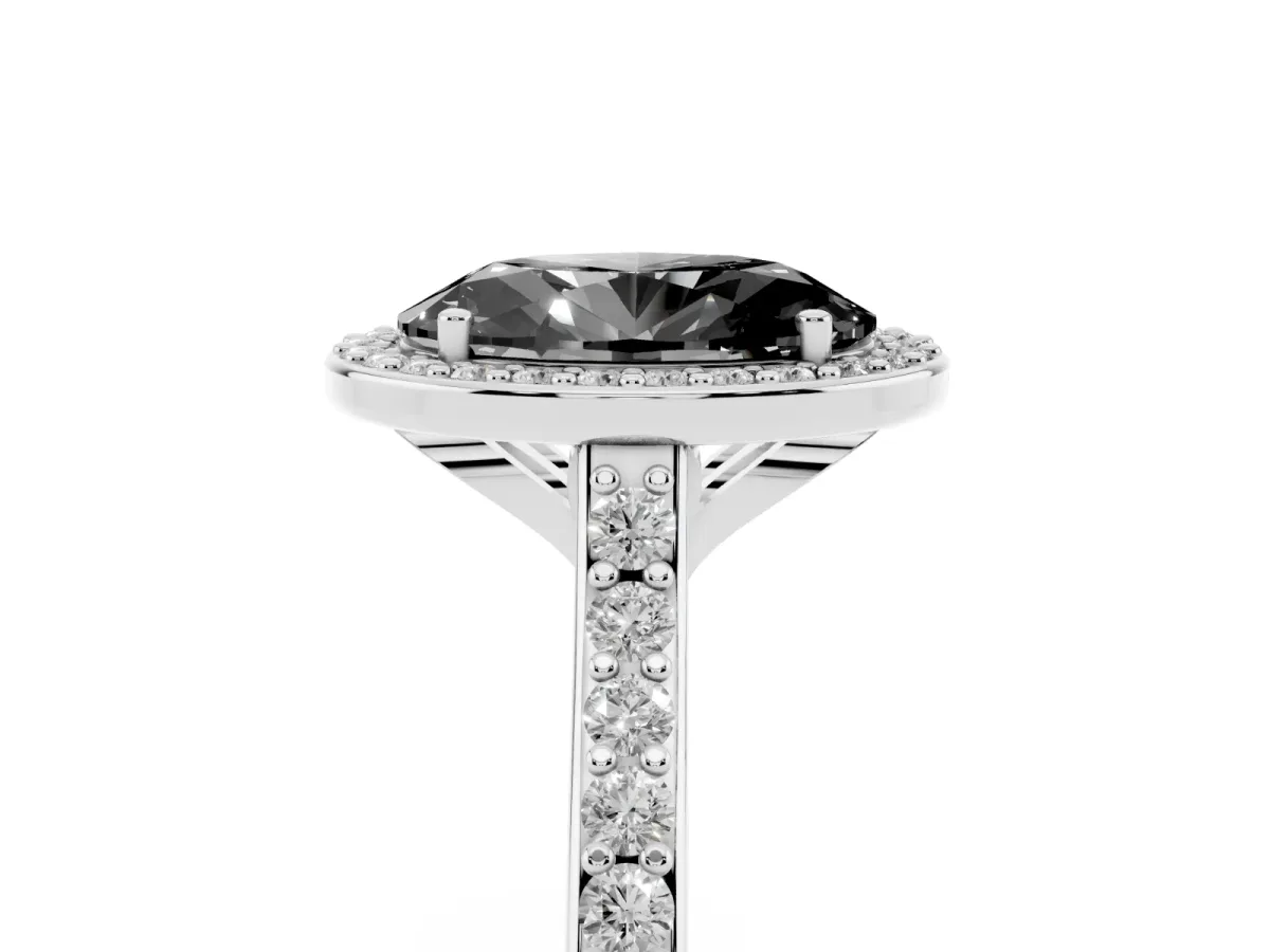 Fancy Black Oval Cut Diamond Halo Engagement Ring with Round Pavé Shoulders and Prong Setting Platinum