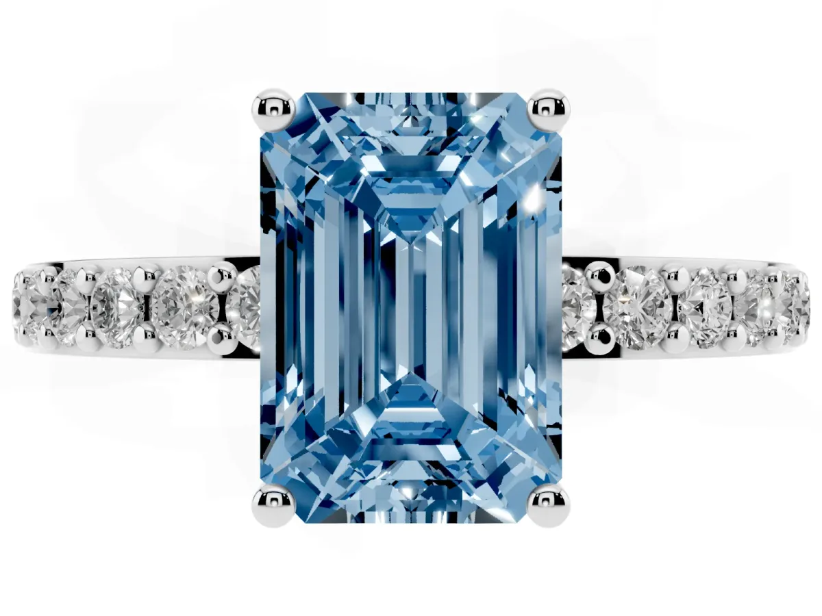 Fancy Blue Emerald Cut Cut Diamond Solitaire with Pave Band and Four-Prong Setting Silver