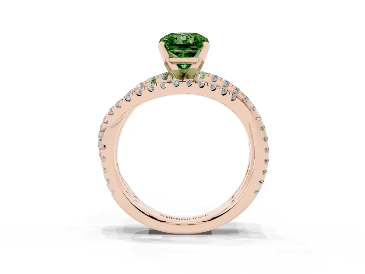 Fancy Green Radiant Cut Solitaire Twist Band with Pavé Setting and Four-Prong Setting Rose gold