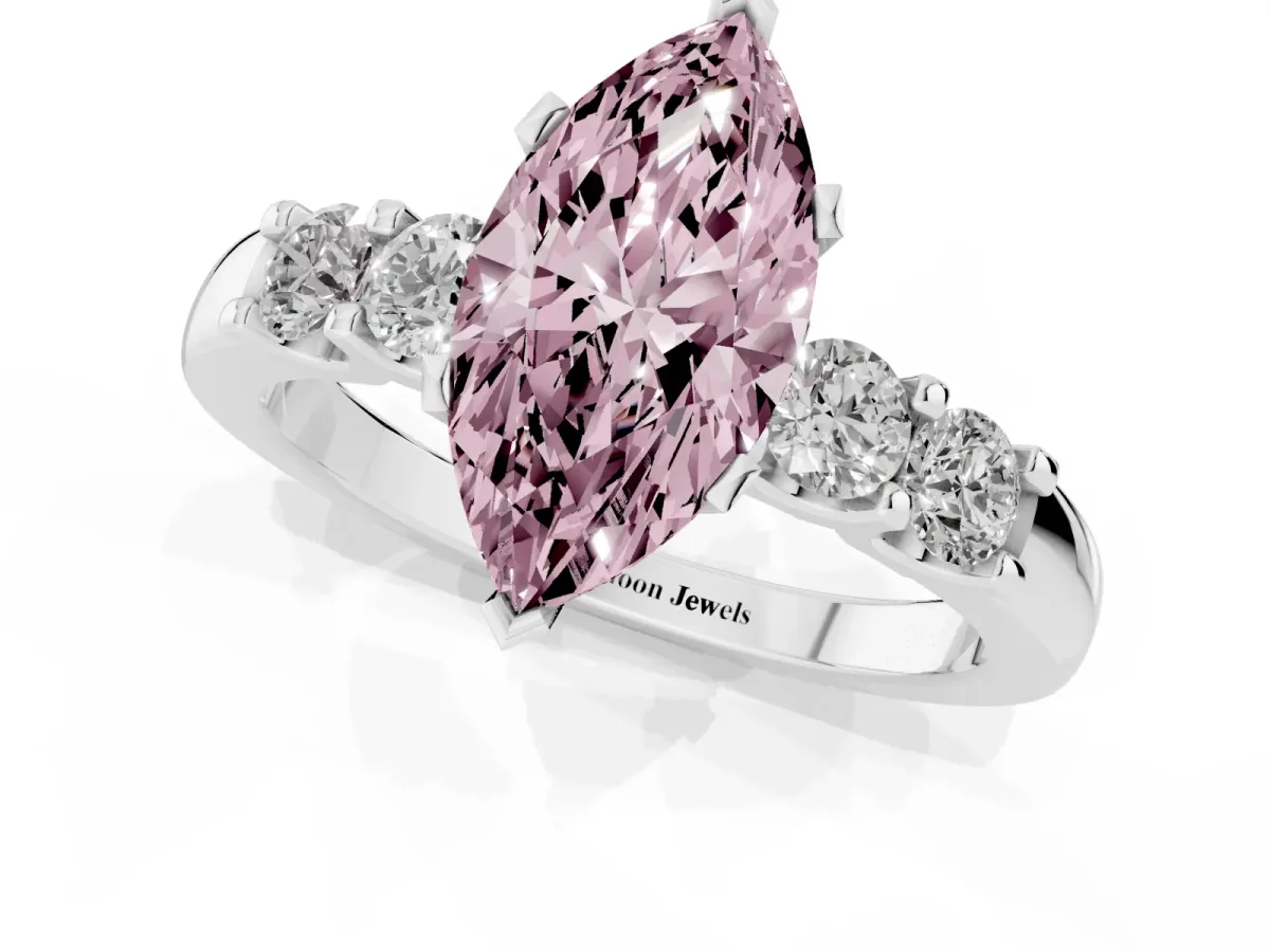 Fancy Pink Marquise Cut Brilliant Cut Diamond Five-Stone Prong Set Engagement Ring with Channel Band Silver