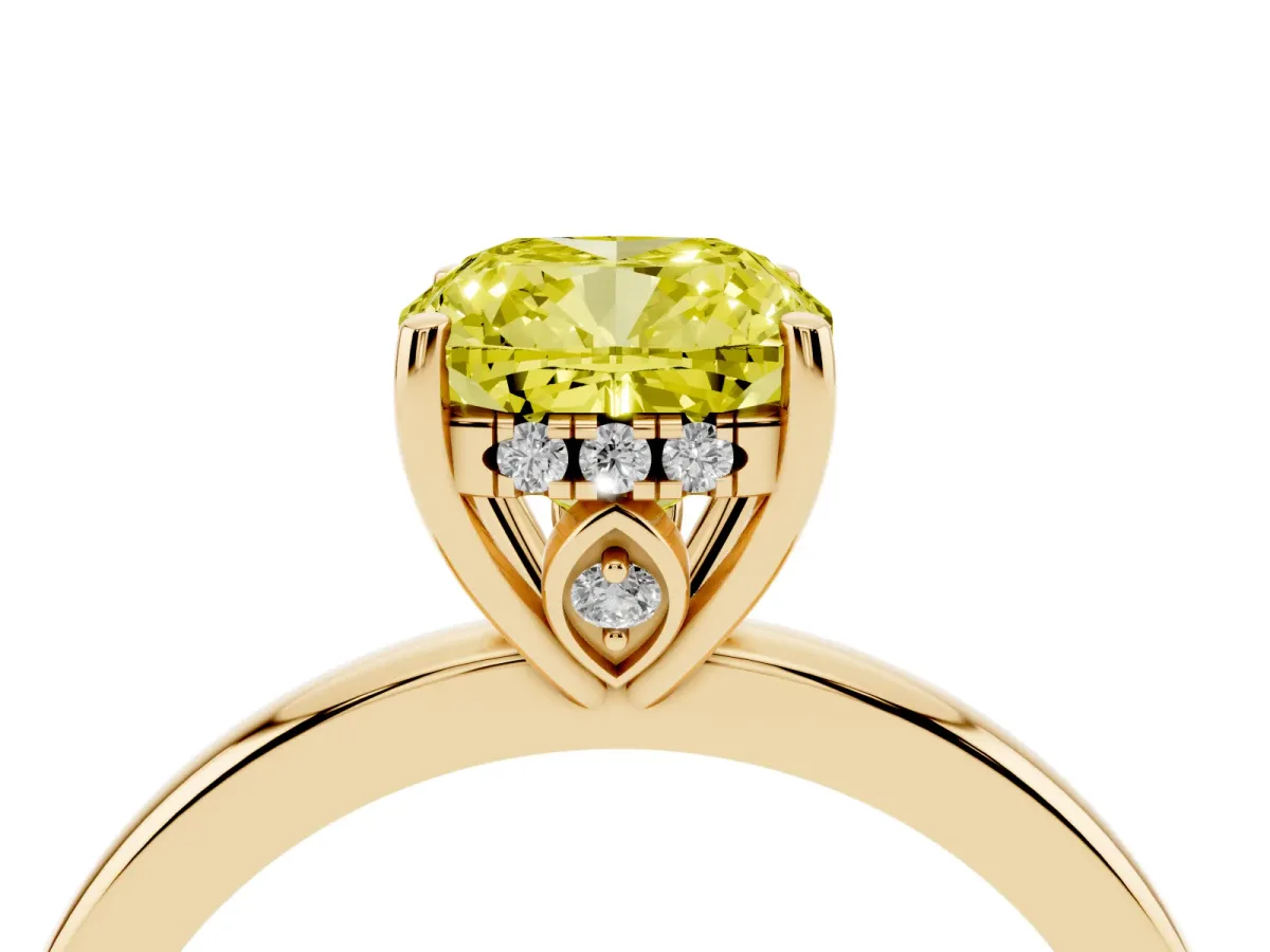 Fancy Yellow Cushion Cut Solitaire Diamond Ring with Prong Setting and Plain Band Yellow gold