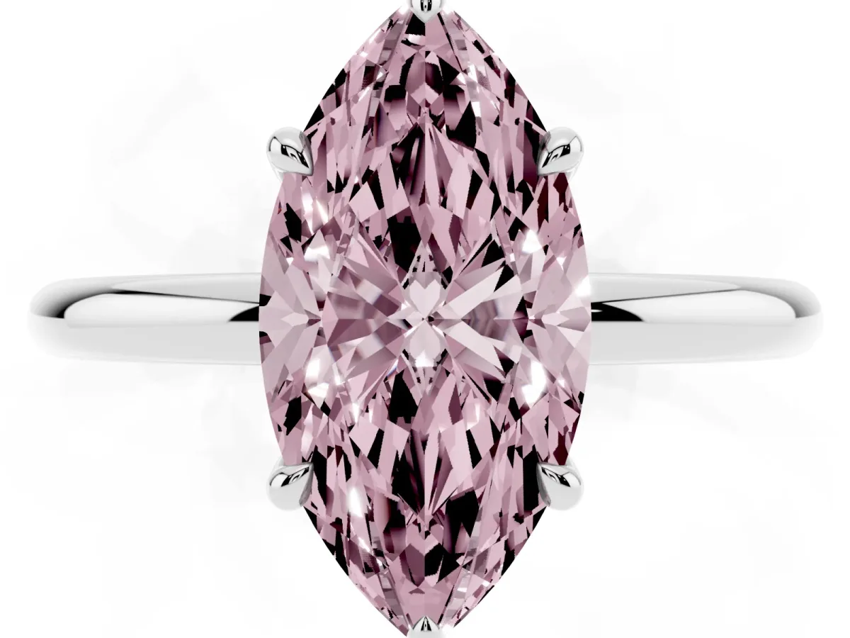 Fancy Pink Marquise Cut Diamond Solitaire Ring with Thin Band and Four-Prong Setting Silver