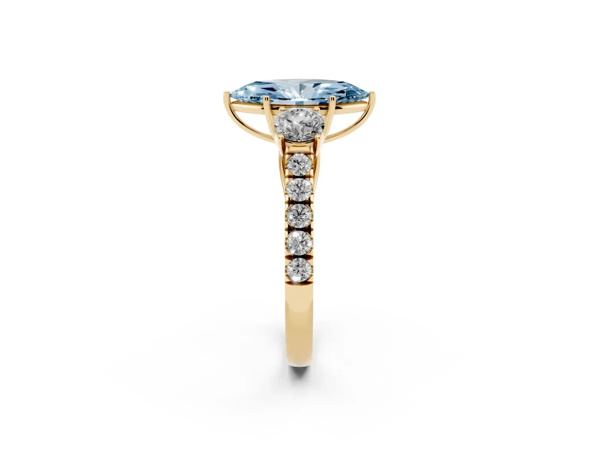 Fancy Blue Marquise Cut Cut Diamond Three-Stone Ring with Round Side Stones and Pavé Band Yellow gold