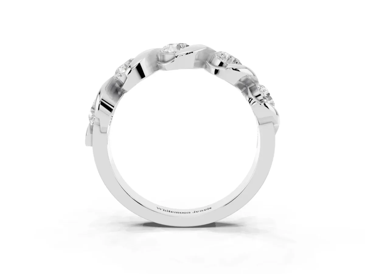 Round Diamond Wave Band with Channel Setting and Shared Prongs White gold