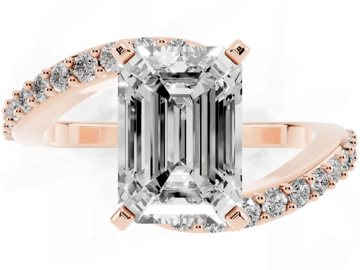 Emerald Cut Solitaire Twist Band with Pave Set Diamonds and Four-Prong Setting Rose gold