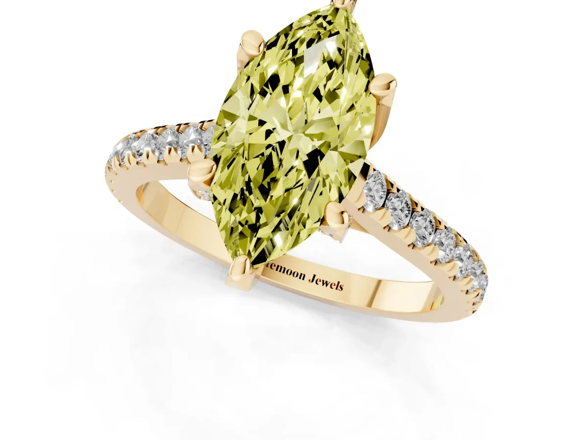 Fancy Yellow Marquise Cut Brilliant Diamond Solitaire with Pavé Band and Four-Prong Setting Yellow gold