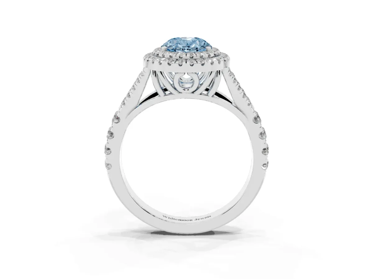 Fancy Blue Oval Cut Cut Double Halo Split Shank Diamond Ring with Prong Setting Silver