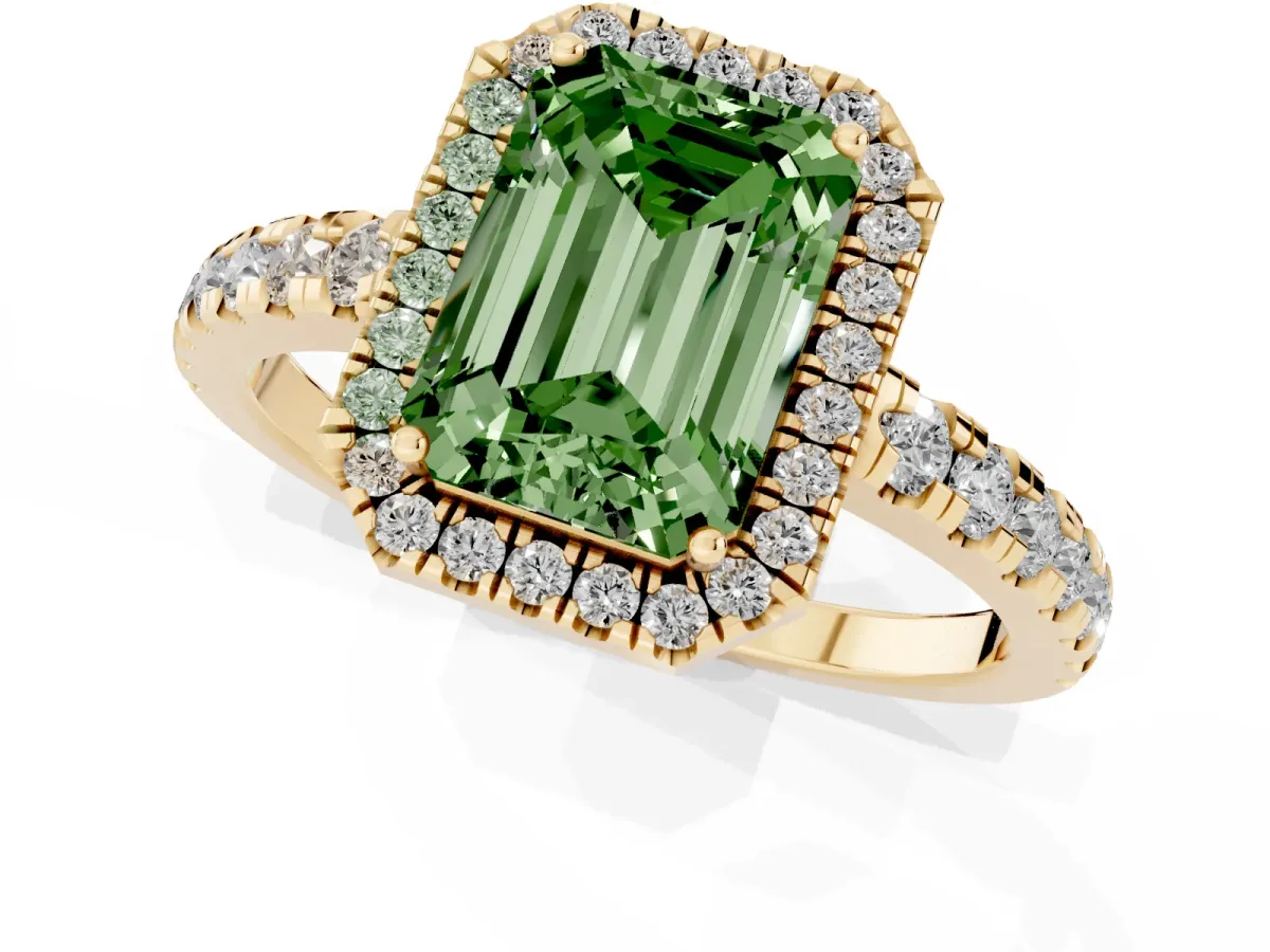 Fancy Green Emerald Cut Diamond Halo Ring with Pavé Band and Four-Prong Setting Yellow gold
