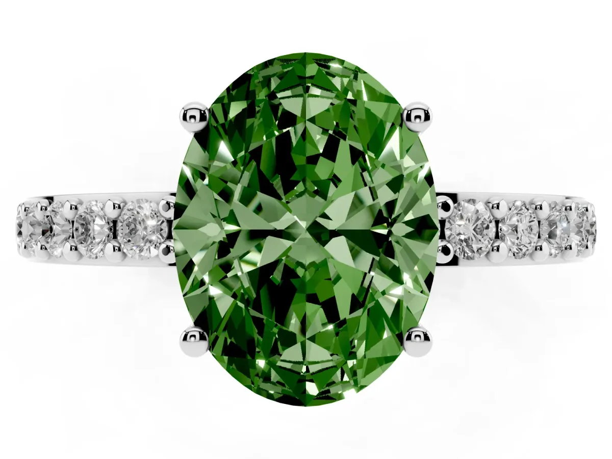 Fancy Green Oval Cut Cut Diamond Solitaire with Pave Band and Four-Prong Setting Silver