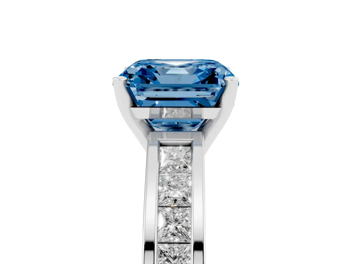 Fancy Blue Asscher Cut Solitaire Diamond Ring with Channel-Set Band and Four-Prong Setting Silver