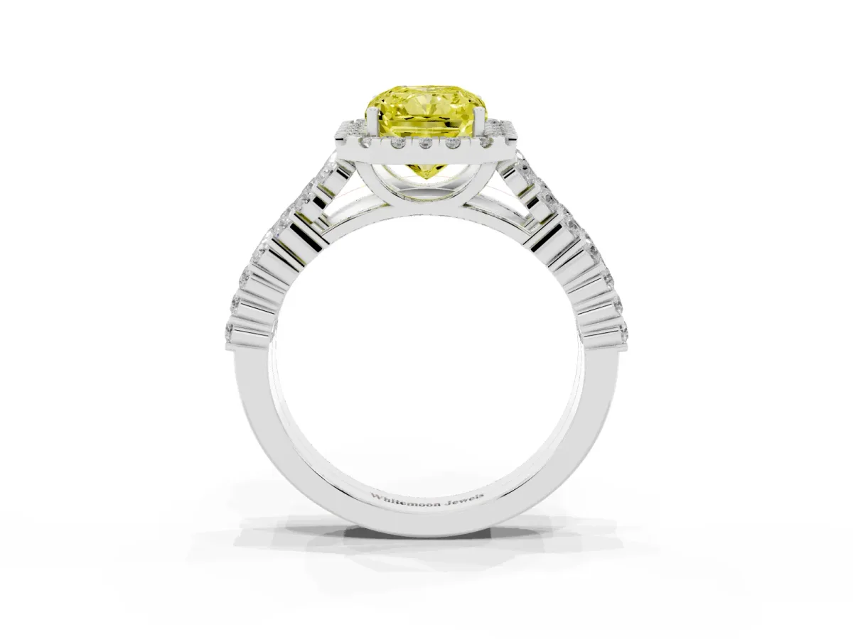 Fancy Yellow Radiant Cut Diamond Halo Engagement Ring with Triple Row Round Pavé Band and Prong Setting Platinum