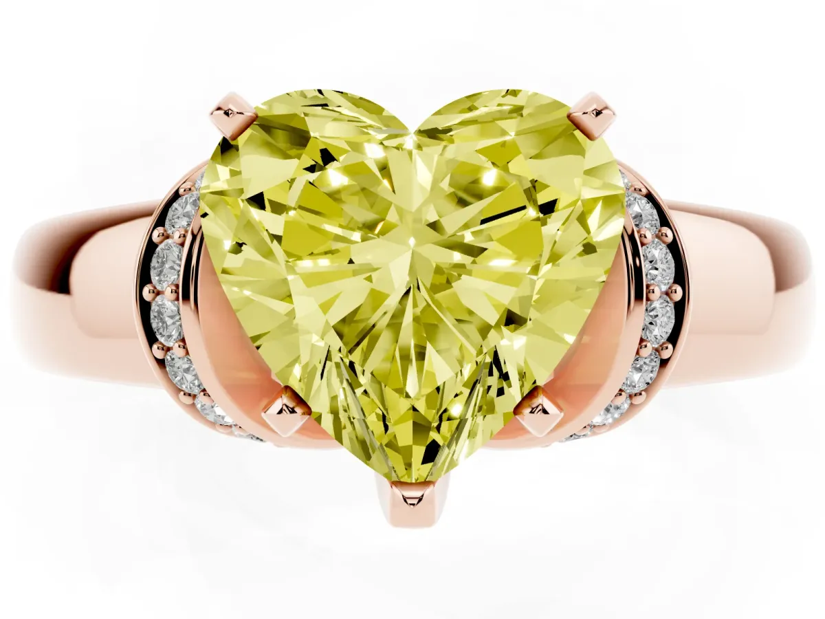 Fancy Yellow Heart Cut Solitaire Diamond Ring with Pave Band and Six-Prong Setting Rose gold