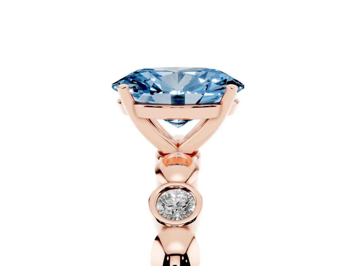 Fancy Blue Oval Cut Solitaire Bezel-Set Diamond Ring with Beaded Band and Four-Prong Setting Rose gold