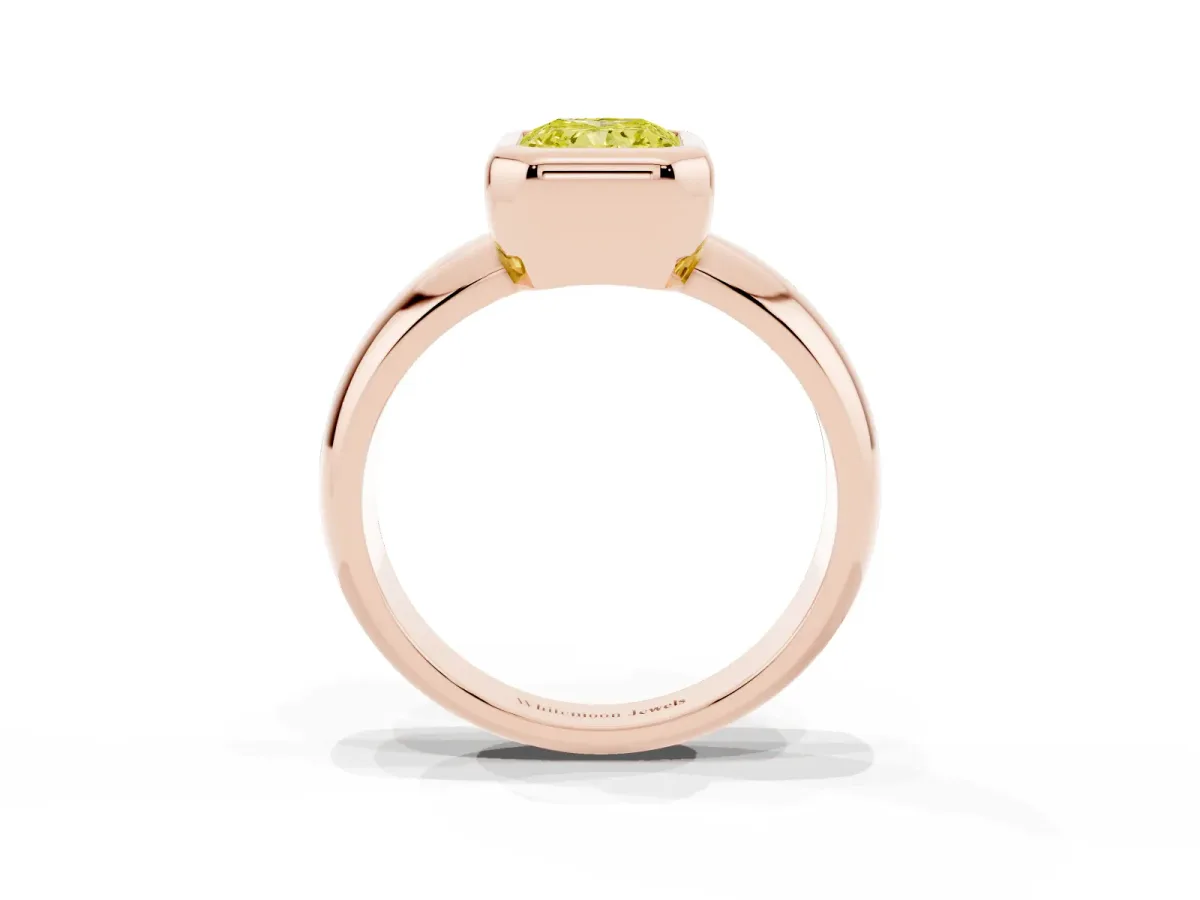 Fancy Yellow Bezel Set Radiant Cut Solitaire Ring with Wide Band Rose gold