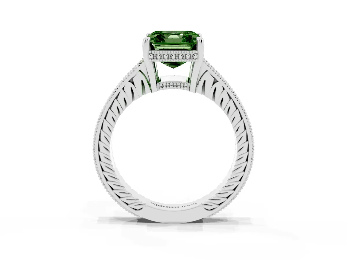 Fancy Green Asscher Cut Solitaire Pavé Diamond Milgrain Engagement Ring with Four-Prong Setting Silver