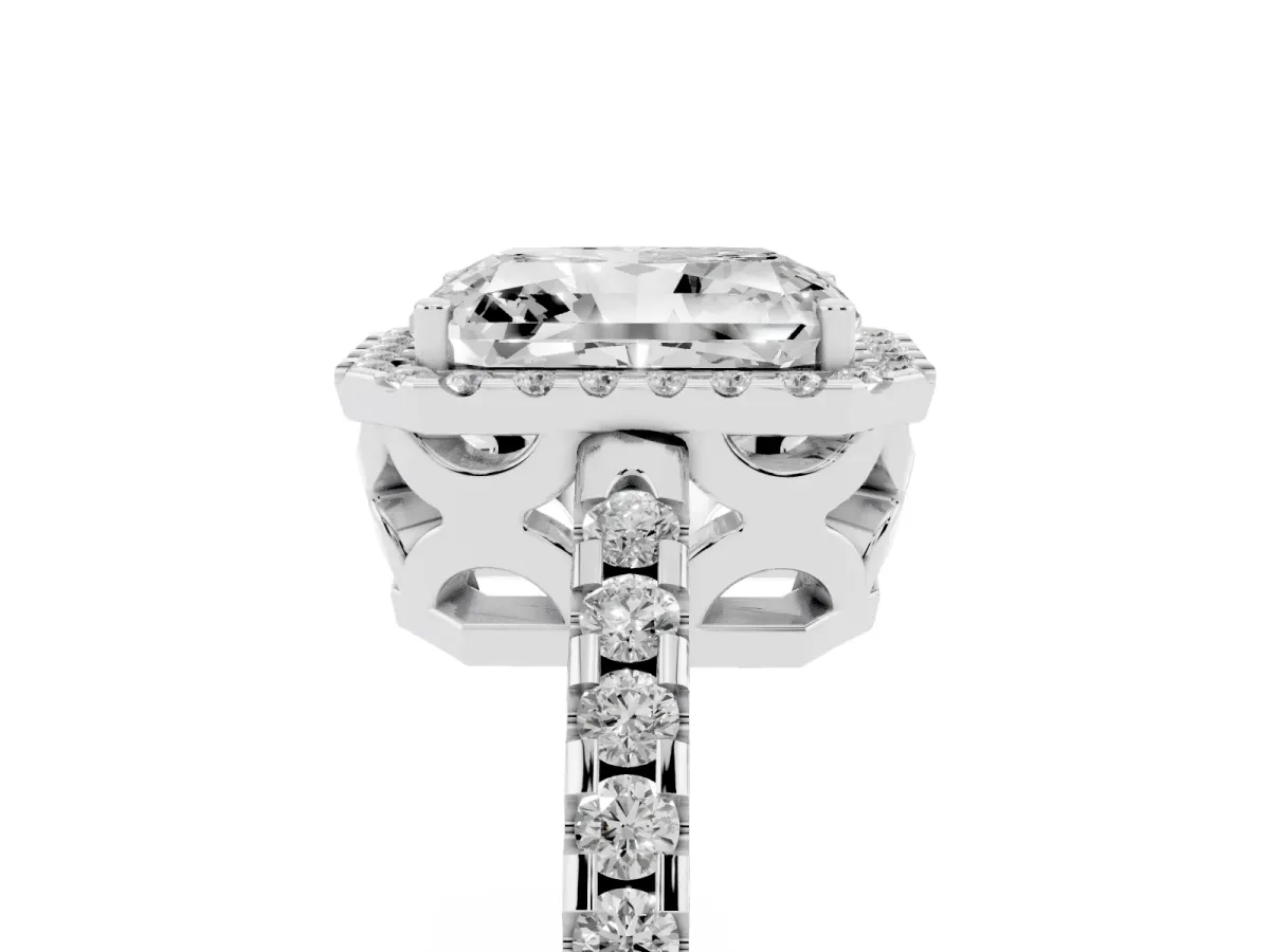 Radiant Cut Diamond Halo Engagement Ring with Pavé Band and Prong Setting Silver