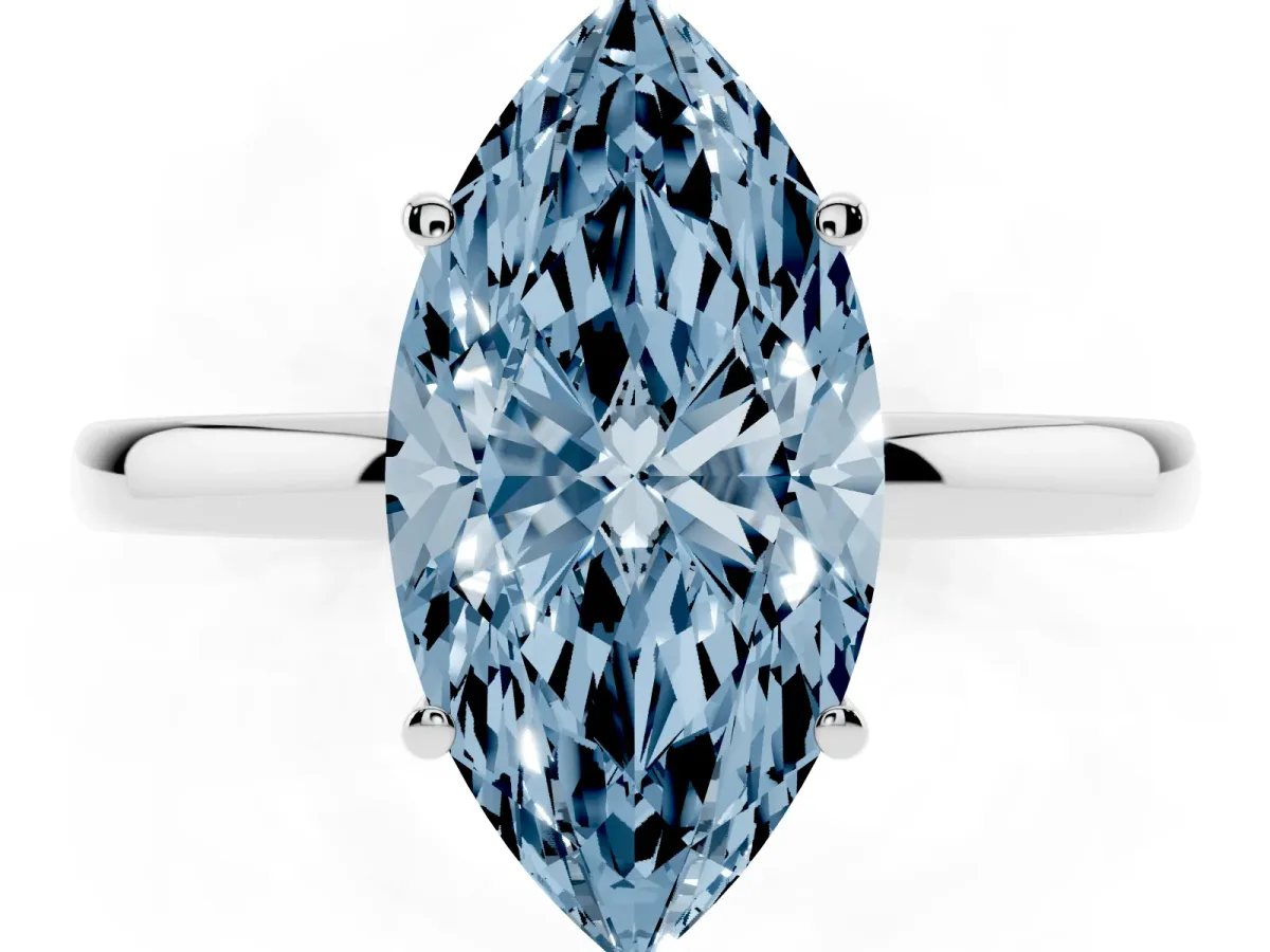 Fancy Blue Marquise Cut Solitaire Diamond Ring with Prong Setting and Plain Band Silver