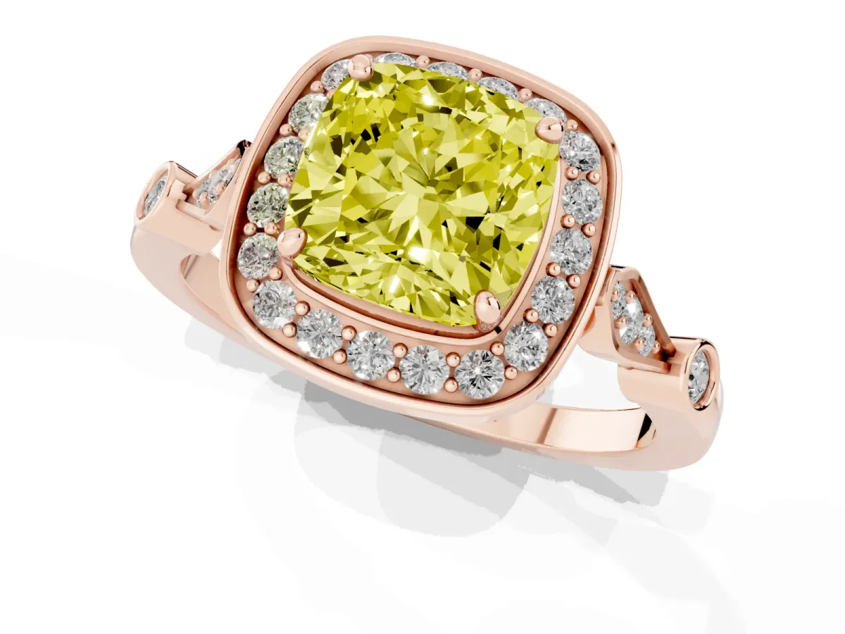 Fancy Yellow Cushion Cut Halo Diamond Engagement Ring with Twisted Band and Four-Prong Setting Rose gold