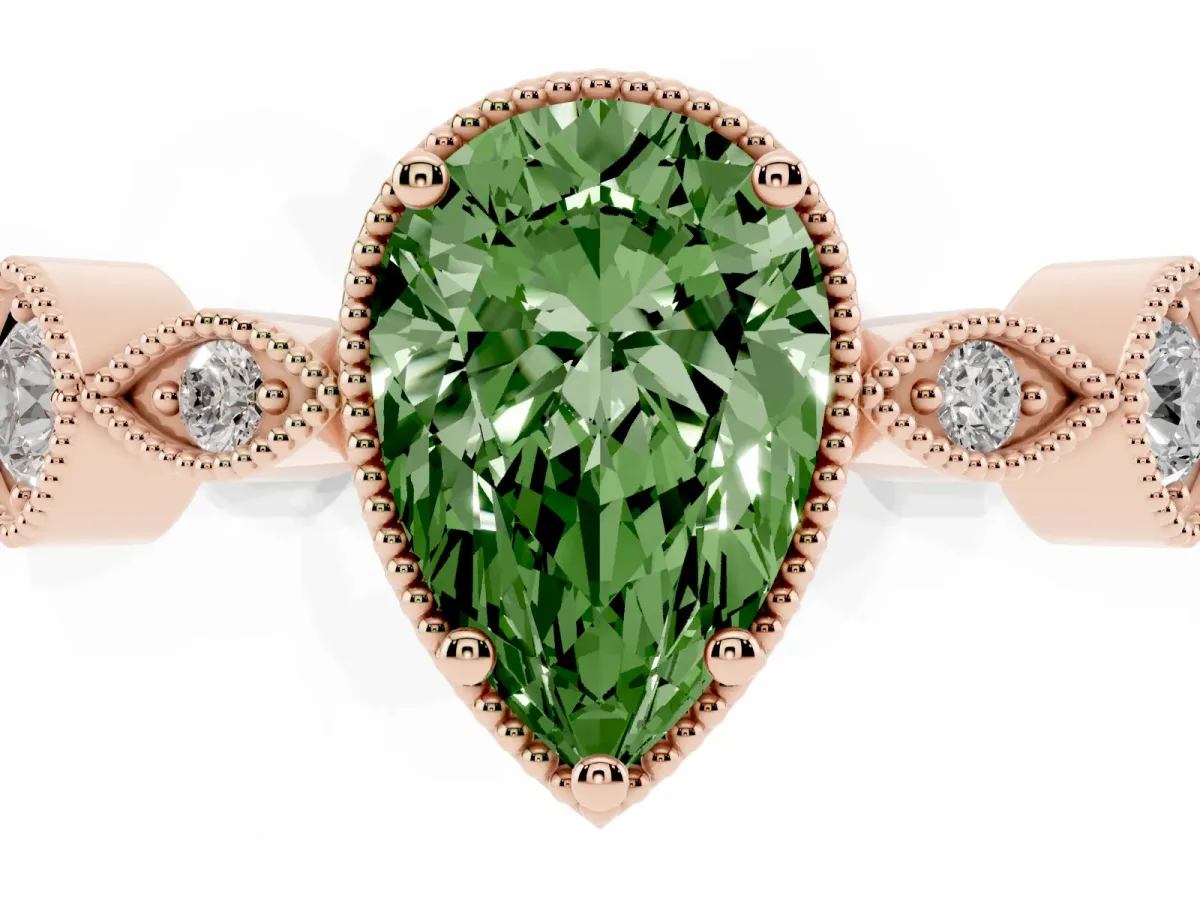 Fancy Green Pear Cut Diamond Vintage Milgrain Ring with Round Stations Rose gold