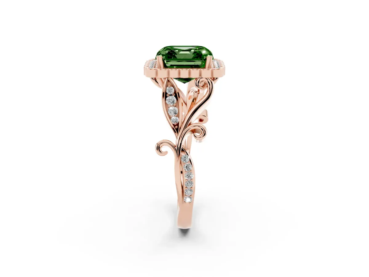 Fancy Green Asscher Cut Diamond Halo Ring with Vintage Split Shank and Four-Prong Setting Rose gold