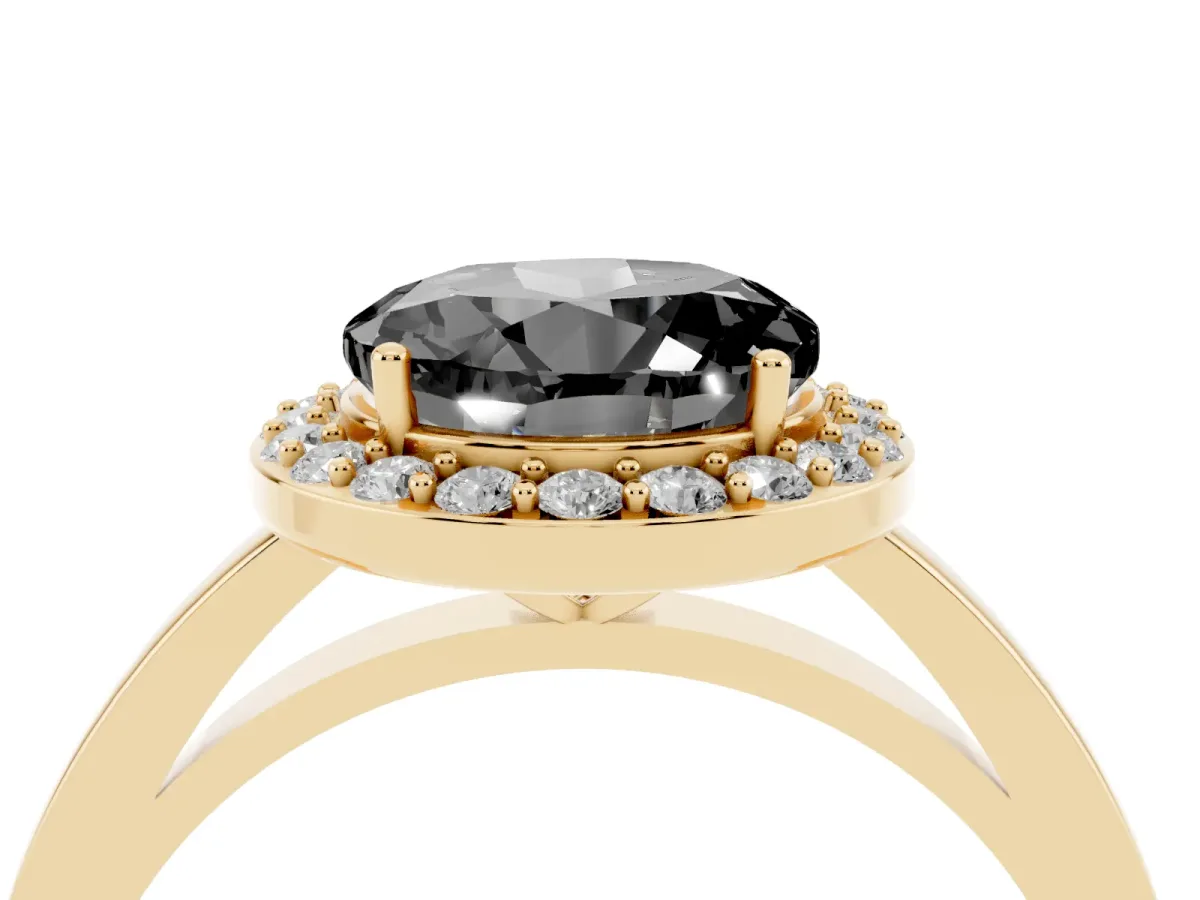 Fancy Black Round Cut Halo Diamond Ring with Solitaire Band and Prong Setting Yellow gold