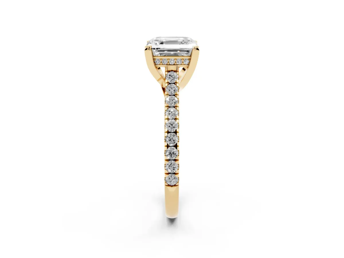 Asscher Cut Brilliant Diamond Solitaire with Pavé Band and Four-Prong Setting Yellow gold