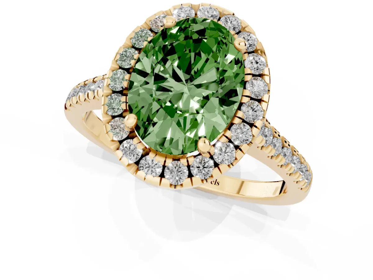 Fancy Green Oval Cut Diamond Cushion Halo Ring with Pavé Band Yellow gold