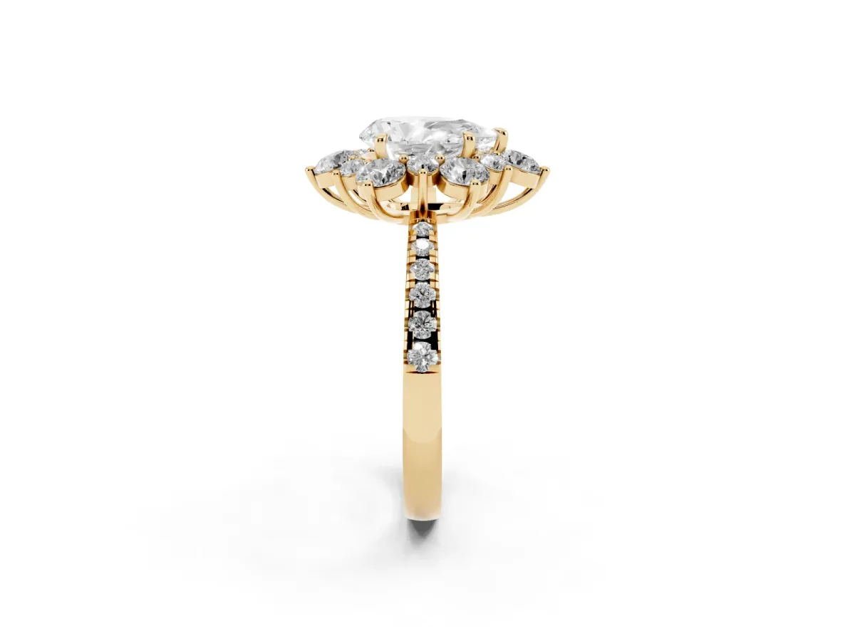 Pear Cut Diamond Floral Halo Ring with Round Pavé Band and Prong Setting Yellow gold
