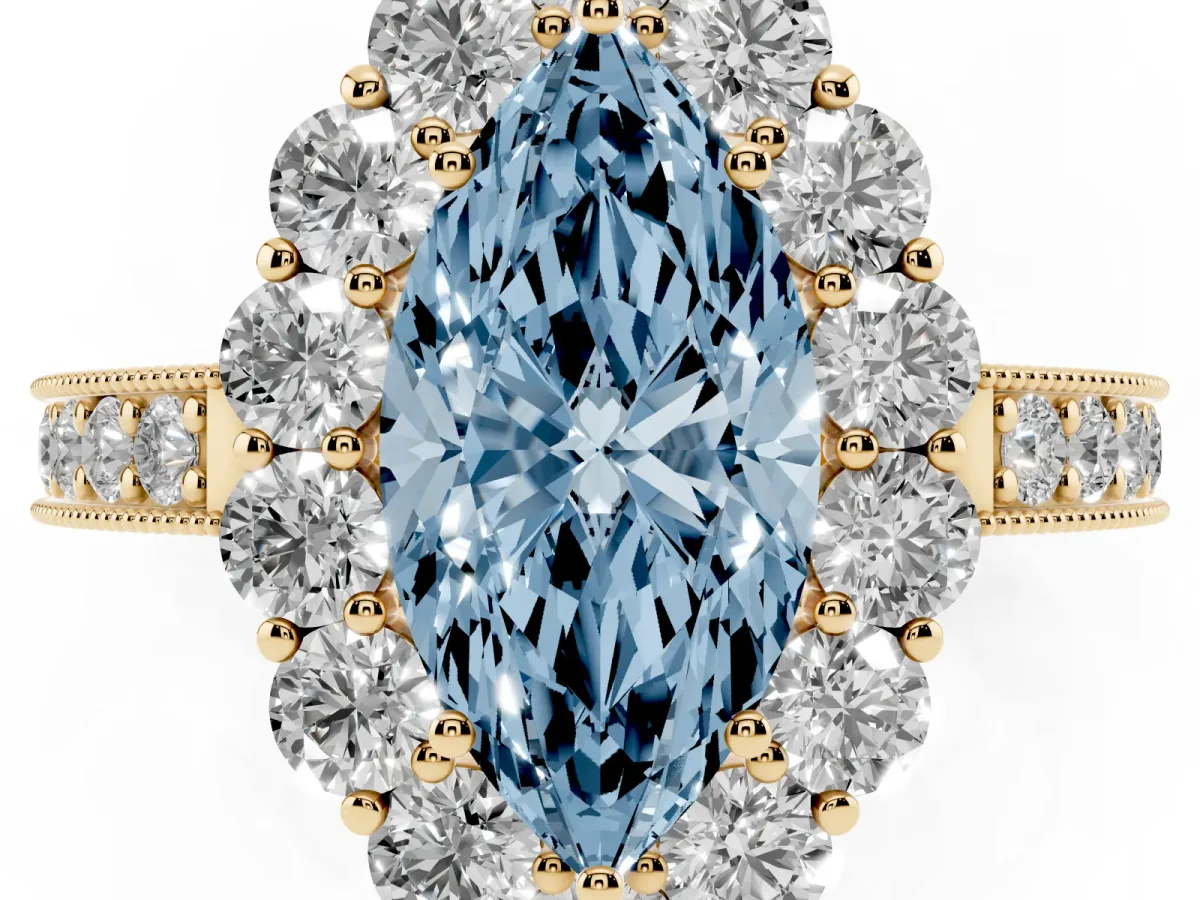 Fancy Blue Marquise Cut Cut Halo Diamond Pavé Engagement Ring with Milgrain Detailing Yellow gold