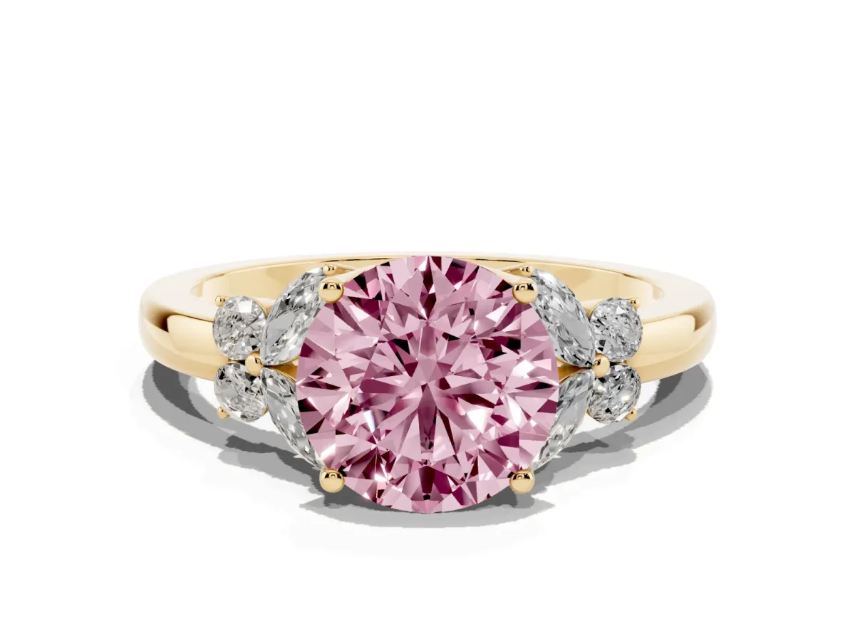 Fancy Pink Round Cut Cut Solitaire Floral Diamond Ring with Four-Prong Setting Yellow gold