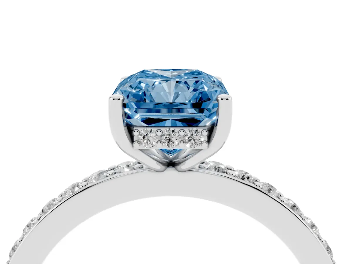 Fancy Blue Radiant Cut Cut Diamond Pavé Band Ring with Four-Prong Setting Platinum