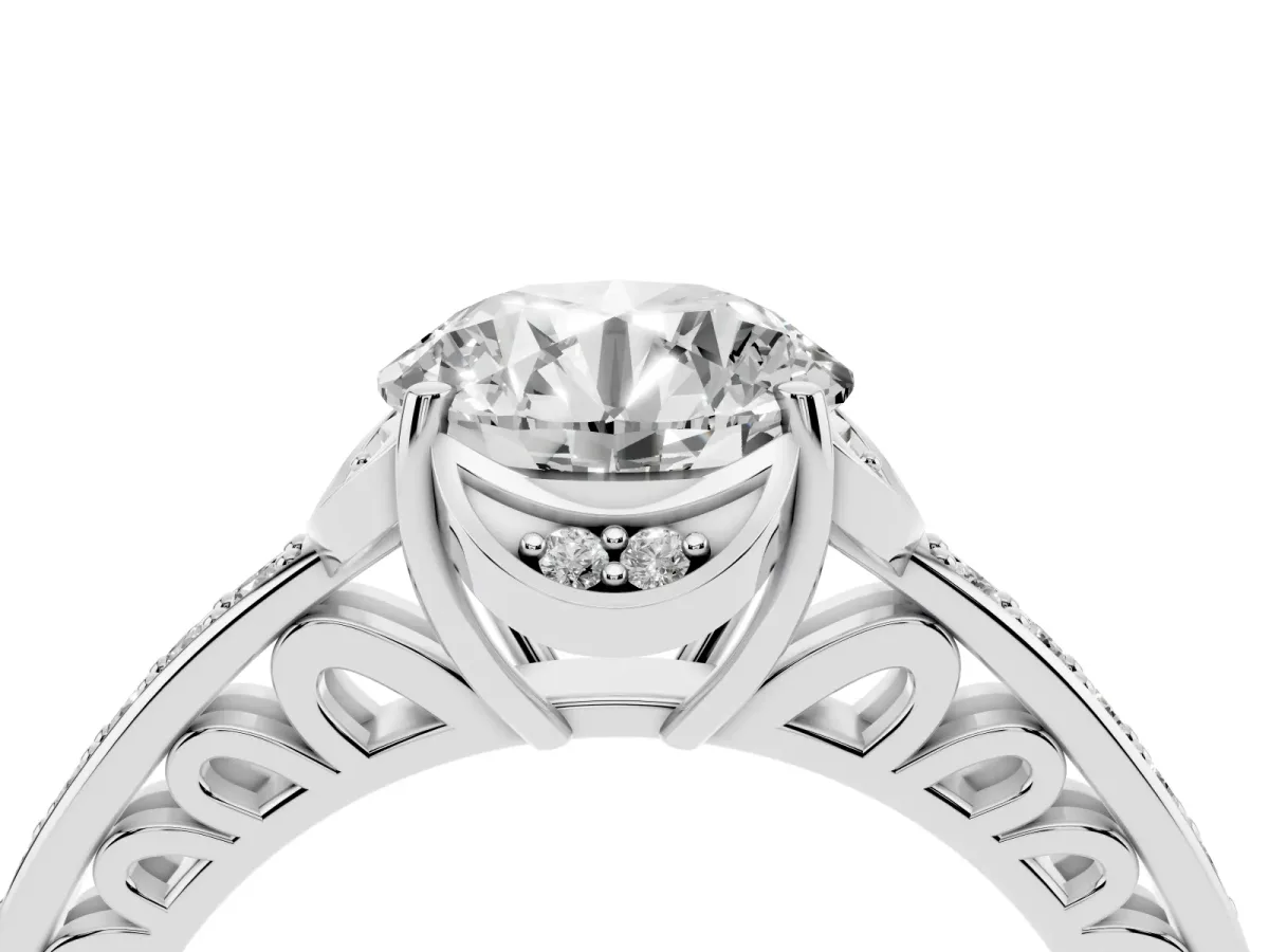 Round Cut Cut Halo Diamond Ring with Channel Set Band and Four-Prong Setting Silver