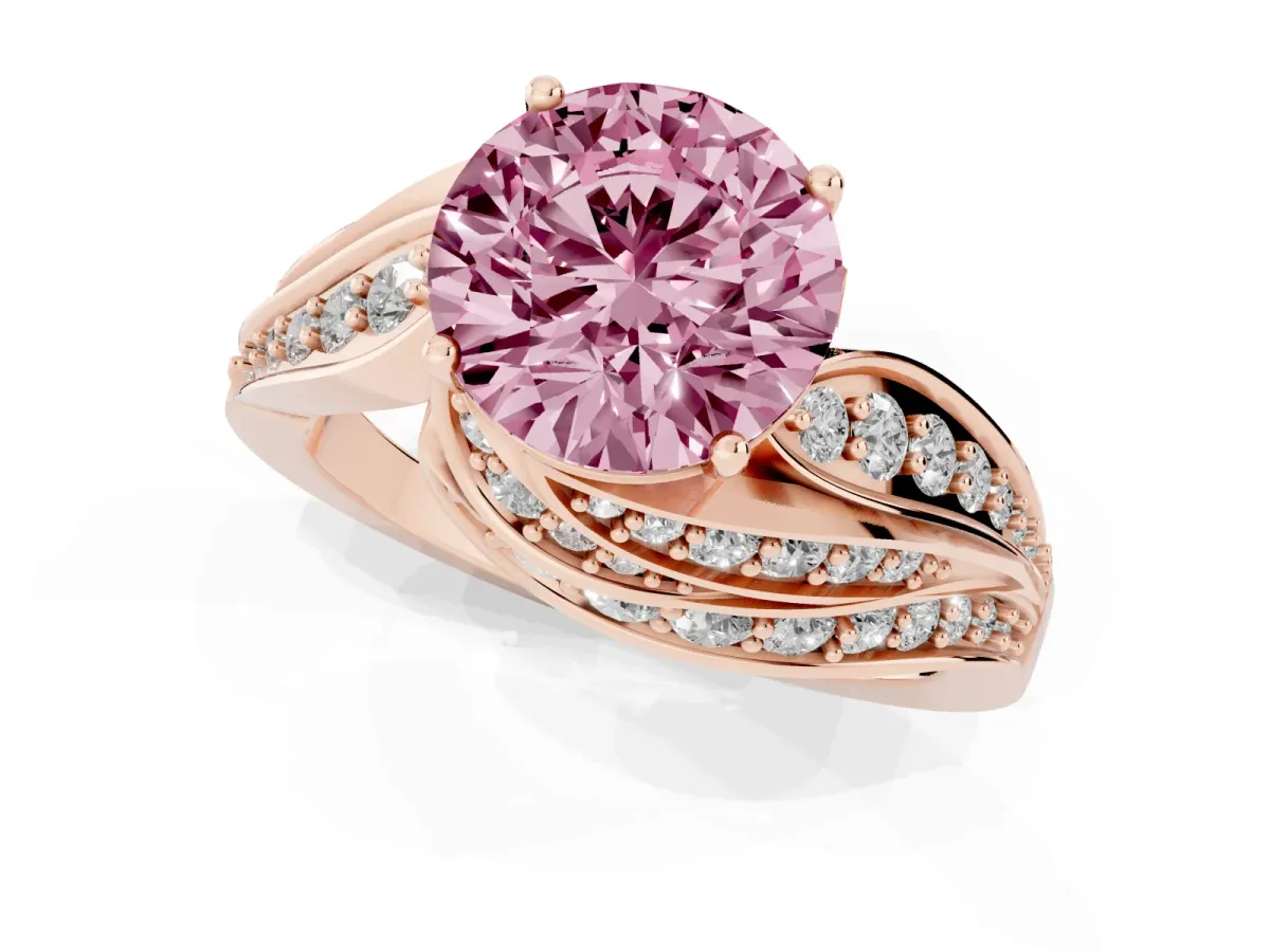 Fancy Pink Round Cut Diamond Solitaire Ring with Prong Setting and Twisted Pavé Band Rose gold