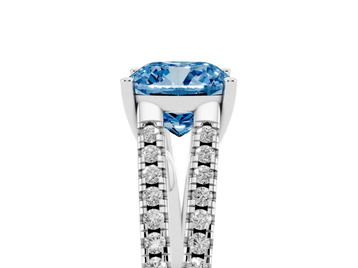Fancy Blue Cushion Cut Diamond Solitaire Engagement Ring with Split Shank Pavé Band Platinum