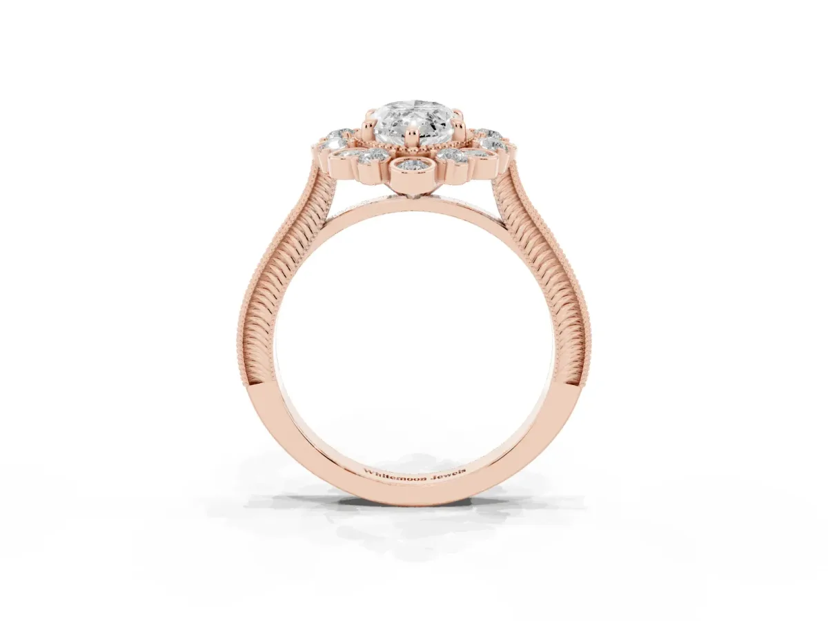 Marquise Cut Halo Milgrain Pave Diamond Ring with Four-Prong Setting Rose gold
