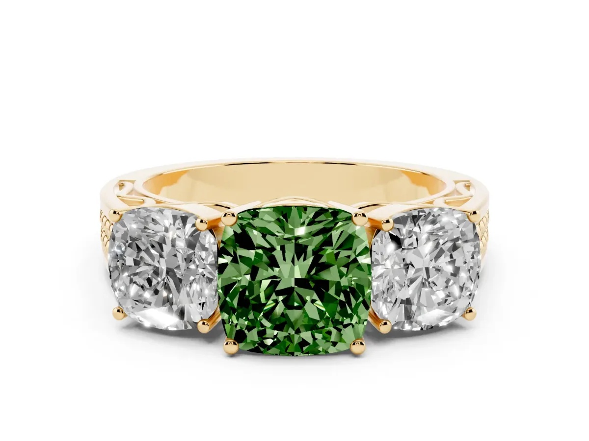 Fancy Green Cushion Cut Diamond Three-Stone Ring with Prong Setting and Textured Band Yellow gold