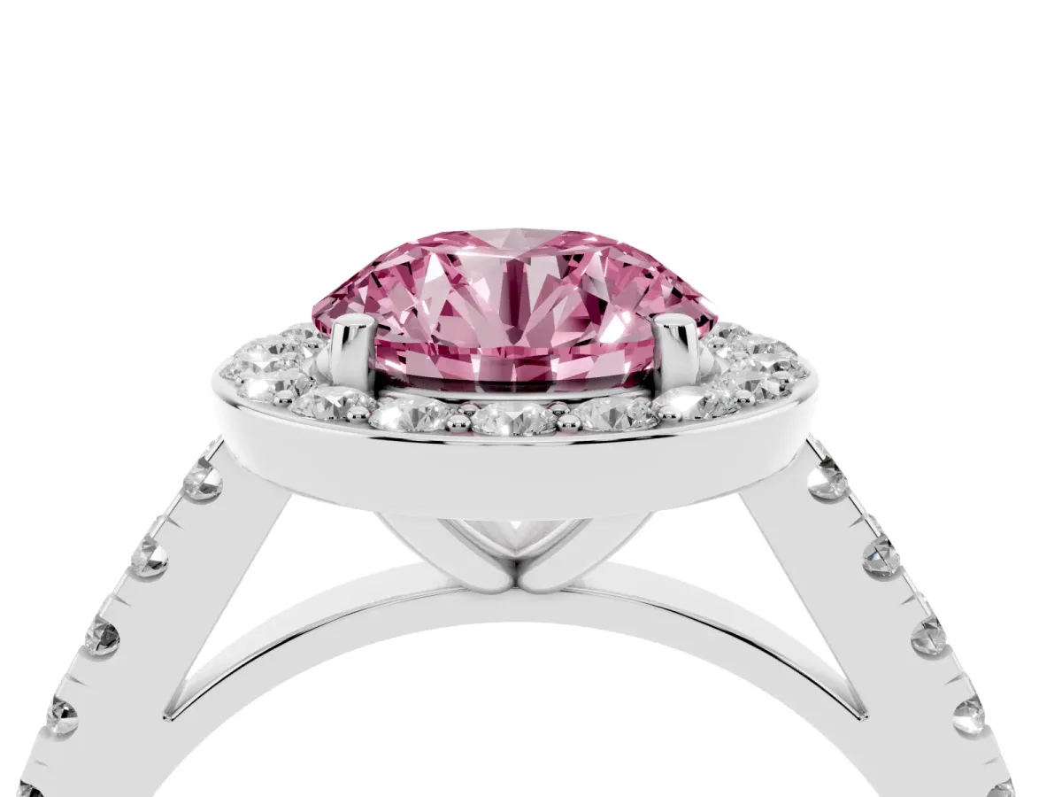 Fancy Pink Round Cut Diamond Halo Ring with Round Pavé Split Shank and Prong Setting Silver