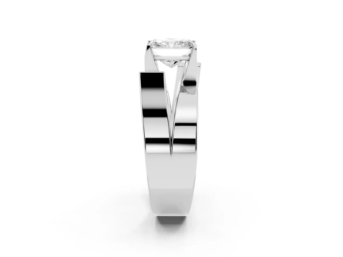 Modern Tension Set Radiant Cut Diamond Solitaire Wide Band Ring Silver