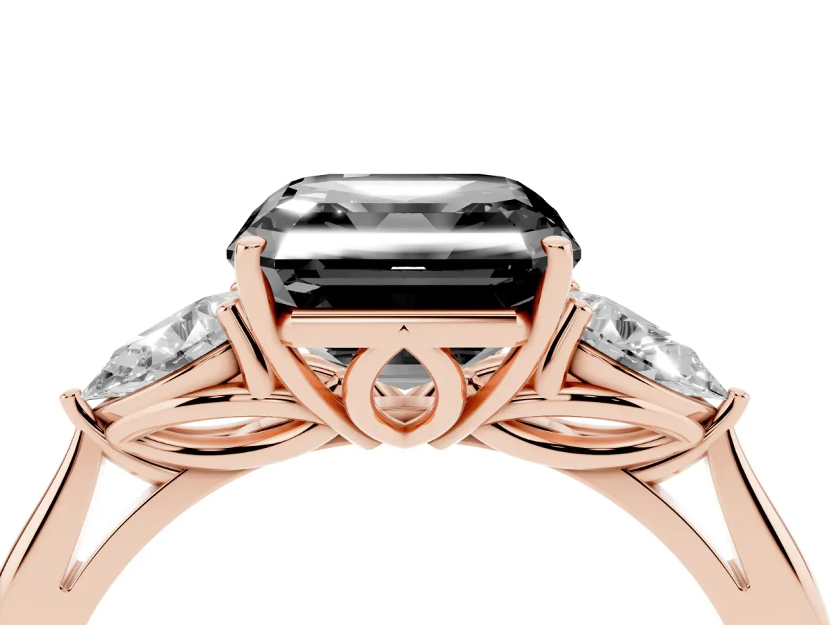 Fancy Black Three-Stone Asscher Cut Brilliant Diamond Solitaire Ring with Tapered Band and Four-Prong Setting Rose gold