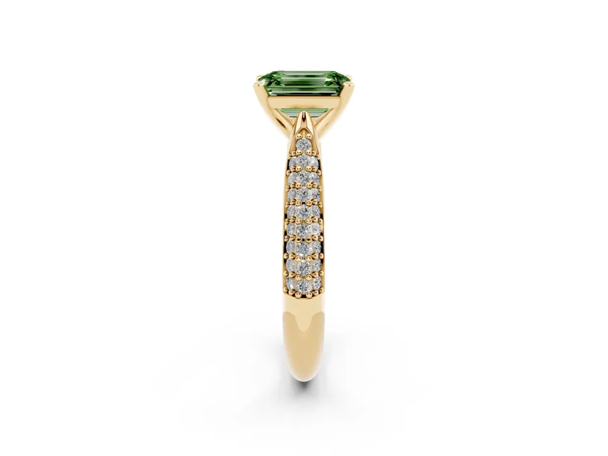 Fancy Green Emerald Cut Diamond Solitaire Engagement Ring with Multi-Row Round Pavé Band and Prong Setting Yellow gold